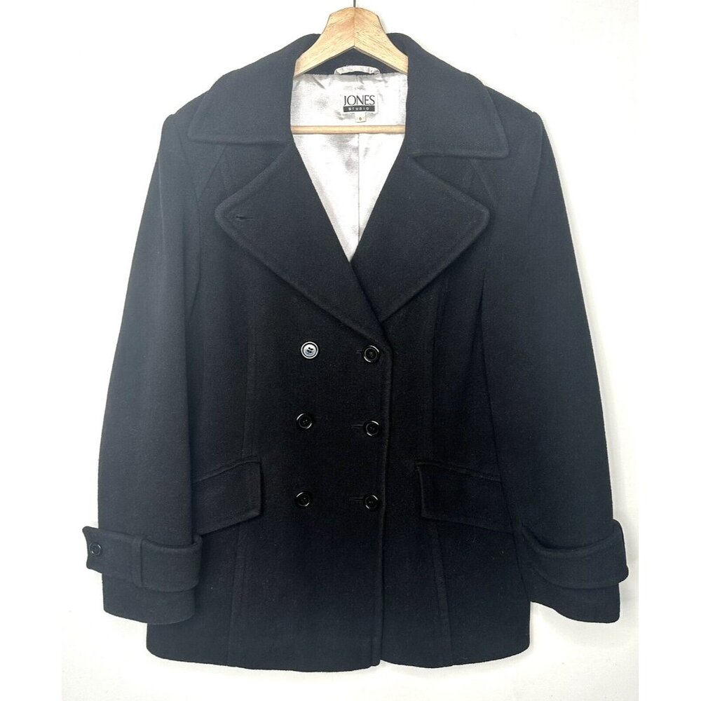 JONES Studio Womens Peacoat Wool Blend Double Breasted Car Jacket Size 8 Black